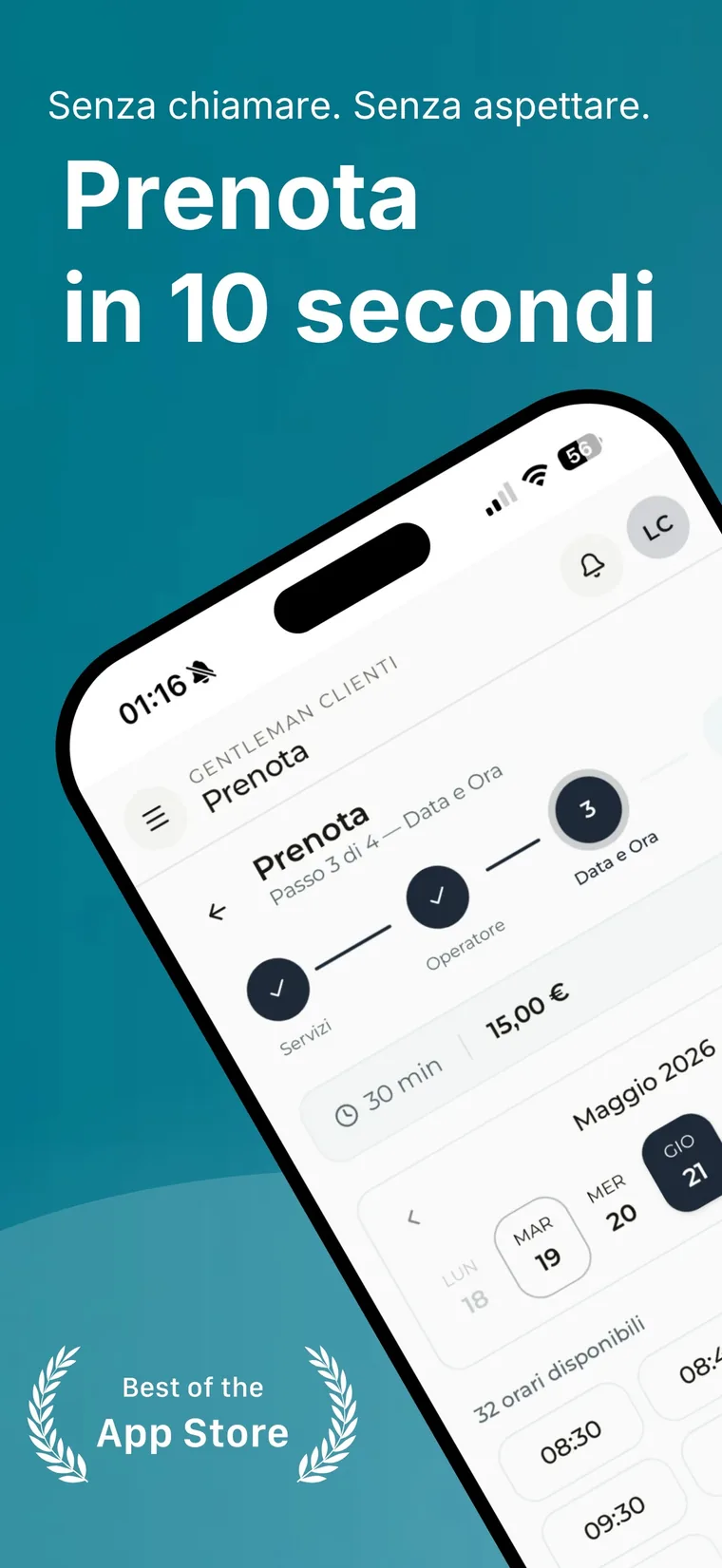 Schermata dell'app: prenotazione guidata con scelta di data e ora